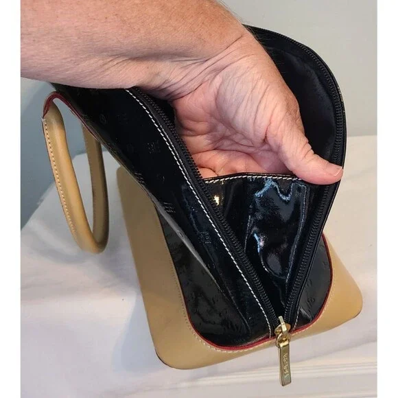 Arcadia Italian Bugatti Black Patent Leather Satchel Dome Handbag Tan & Red Trim - Picture 6 of 12